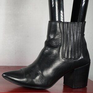 Women's Steve Madden Black Leather Ankle High Chunky Heel Fashion Pointed Boots